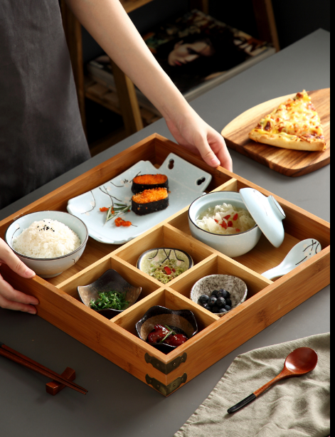 日式五格寿司套装一人份民宿餐具多格分餐竹盒甜品碟火锅分格竹盘