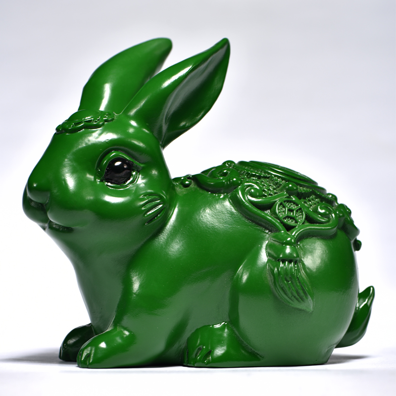 木雕兔子摆件绿色木质兔实木雕刻木兔木头生肖兔红木工艺品木制兔