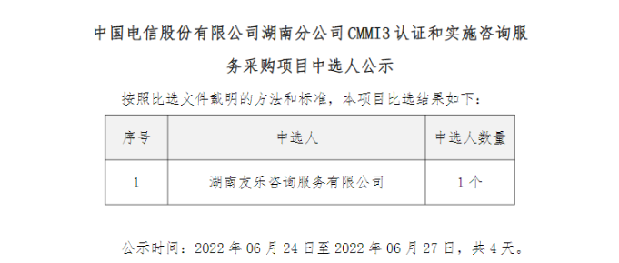 中国电信股份有限公司湖南分公司CMMI3 认证和实施咨询服务采购项目