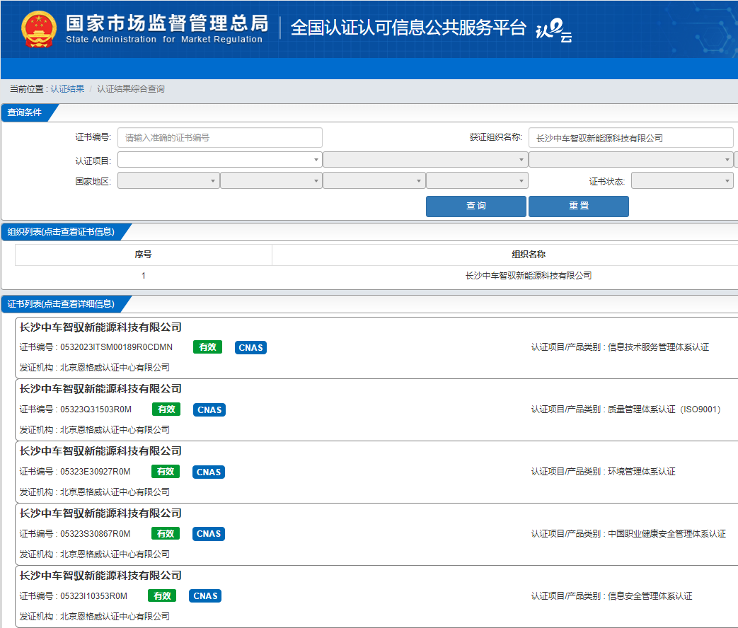 长沙中车智驭新能源科技有限公司（ISO、CCRC、ITSS、双软等综合体系）